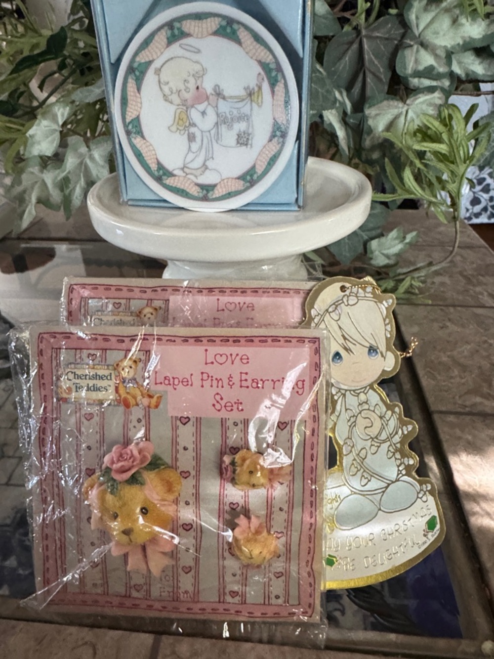 Cherished Teddies Pink Floral Lapel Pin & Earring Set with Plate ornament